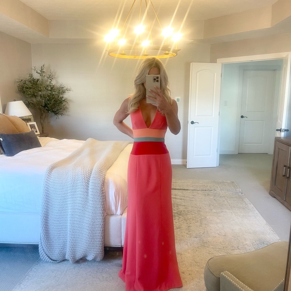 BCBG coral and mint gown